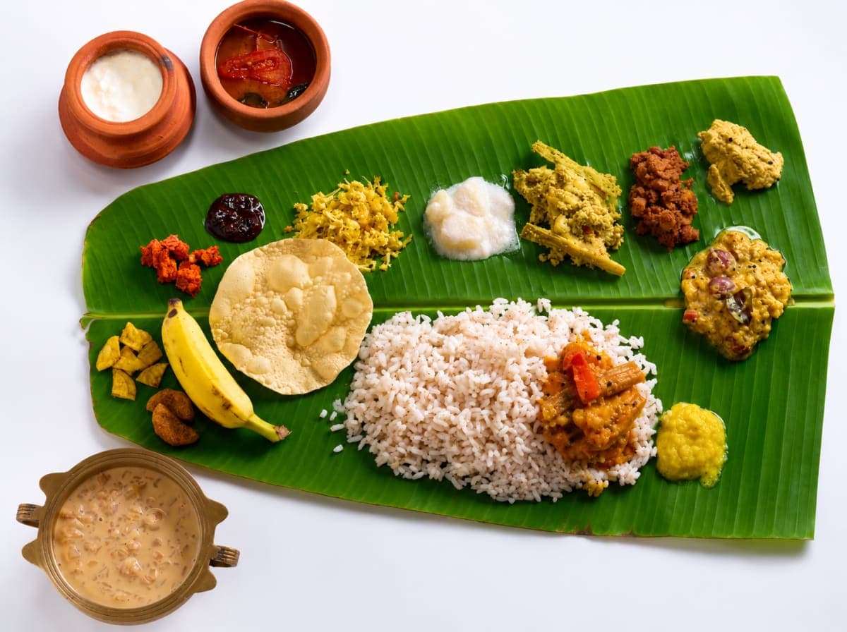 South Indian thali served on a banana leaf